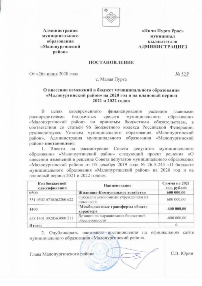 О внесении изменений в бюджет муниципального образования «Малопургинский район» на 2020 год и на плановый период 2021 и 2022 годов