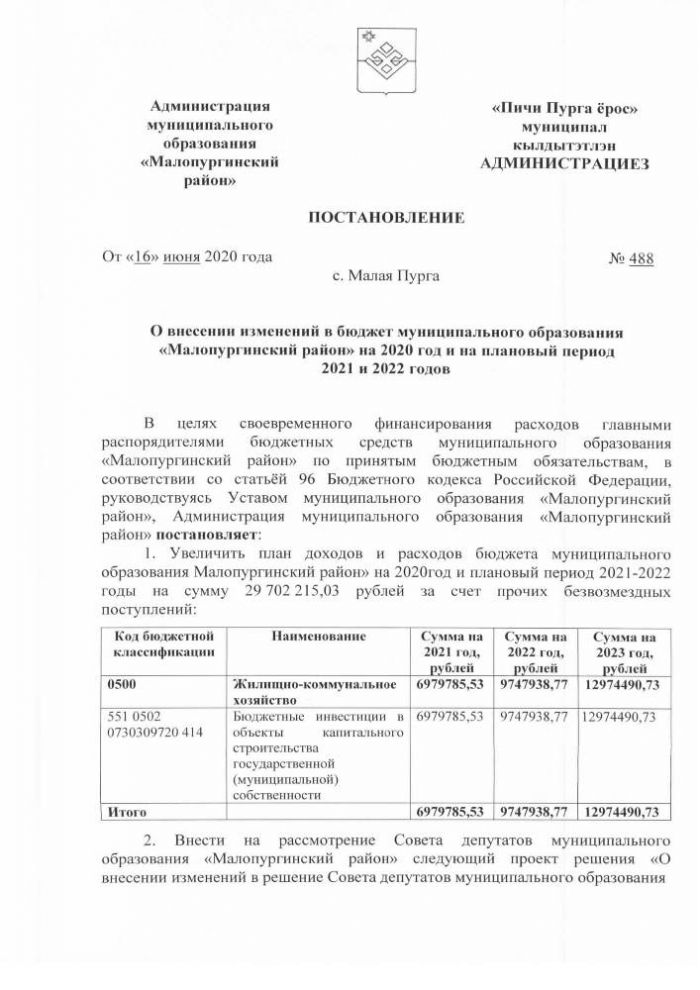 О внесении изменений в бюджет муниципального образования «Малопургинский район» на 2020 год и на плановый период 2021 и 2022 годов
