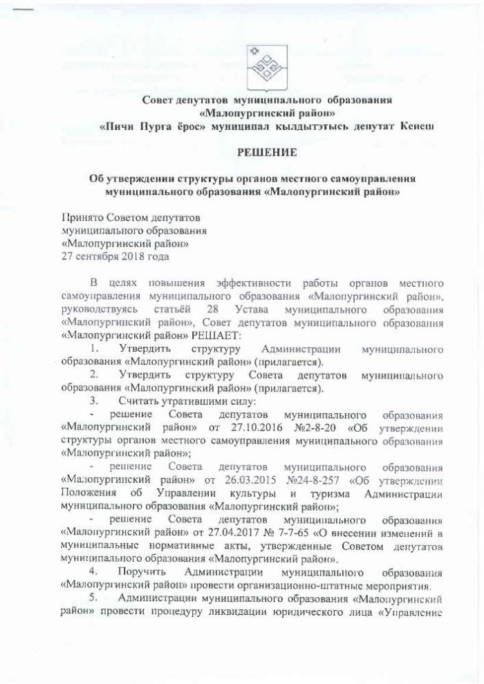 Об утверждении структуры органов местного самоуправления муниципального образования «Малопургинский район»