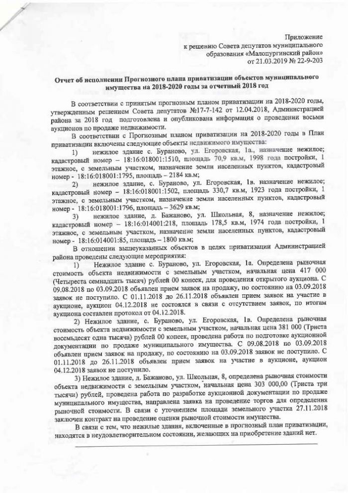 Об исполнении прогнозного плана приватизации муниципального имущества муниципального образования «Малопургинский район» за 2018 год
