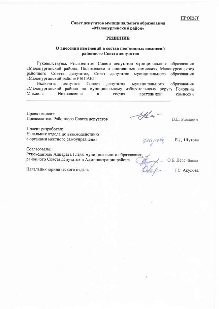 Решение о внесении изменений в составе постоянных комиссий районного совета депутатов 