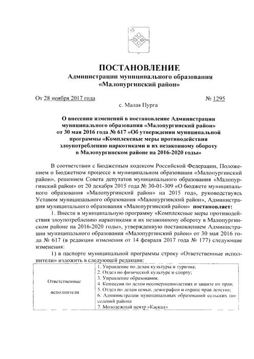 О внесении изменений в постановление Администрации муниципального образования "Малопургинский район" от 30.05.2016 г. № 617 "Об утверждении муниципальной программы "Комплексные меры противодействия злоупотреблению наркотиками и их незаконному обороту в Малопургинском районе на 2016 - 2020 годы"