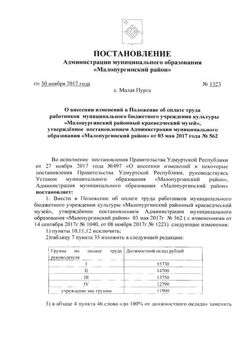 О внесении изменений в Положение об оплате труда работников муниципального бюджетного учреждения культуры «Малопургинский районный краеведческий музей», утверждённое постановлением Администрации от 03 мая 2017 года № 562