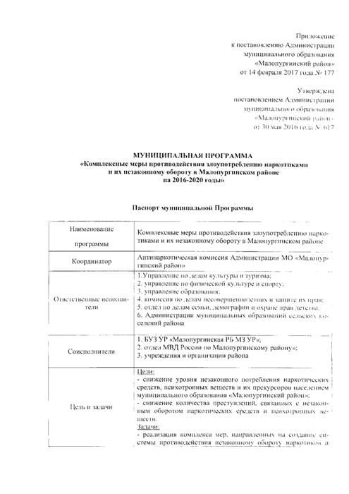 О внесении изменений в постановление Администрации муниципального образования «Малопургинский район» от 30.05.2016 года № 617  "Об утверждении муниципальной программы "Комплексные меры противодействия злоупотреблению наркотиками и их незаконному обороту в Малопургтнском районе на 2016 - 2020 годы"