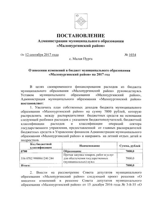 О внесении изменений в бюджет муниципального образования «Малопургинский район» на 2017 год