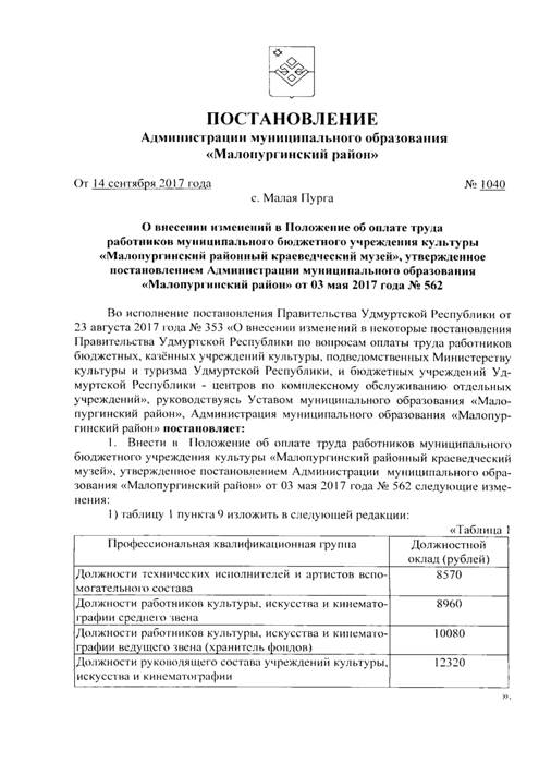 О внесении изменений в Положение об оплате труда работников муниципального бюджетного учреждения культуры «Малопургинский районный краеведческий музей», утвержденное постановлением Администрации муниципального образования «Малопургинский район» от 03 мая 2017 года №562