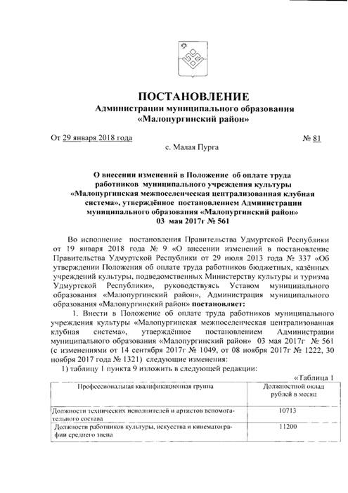 О внесении изменений в Положение об оплате труда работников муниципального учреждения культуры «Малопургинская межпоселенческая централизованная клубная система», утвержденное постановлением Администрации МО «Малопургинский район" от 03 мая 2017 г № 561