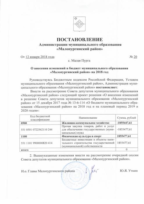 О внесении изменений в бюджет муниципального образования «Малопургинский район» на 2018 год